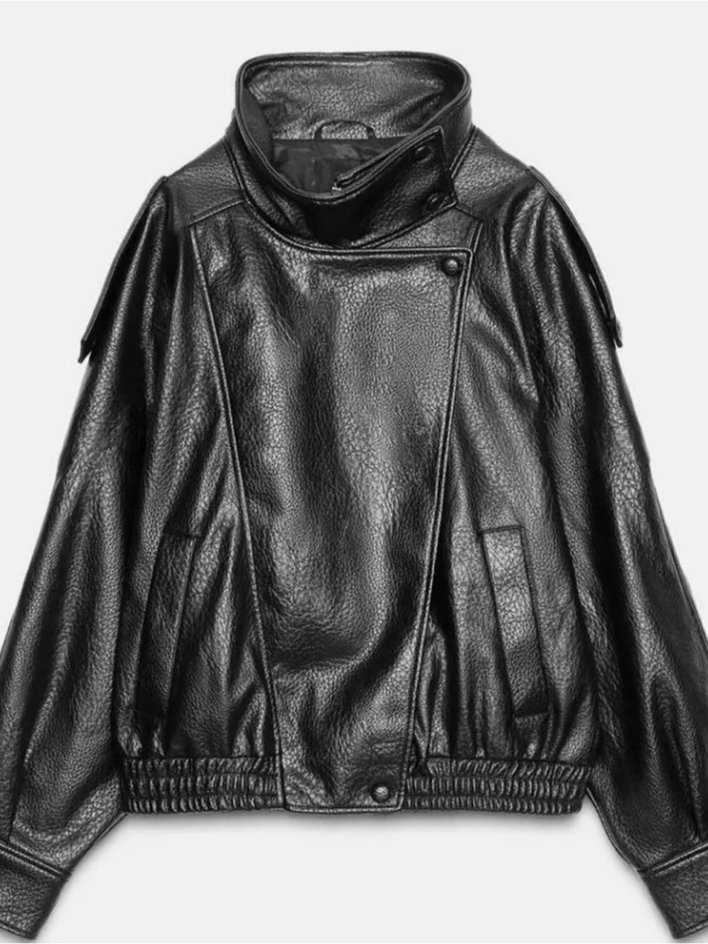 Zara Black Leather Bomber Jacket with Utility Pockets NWOT